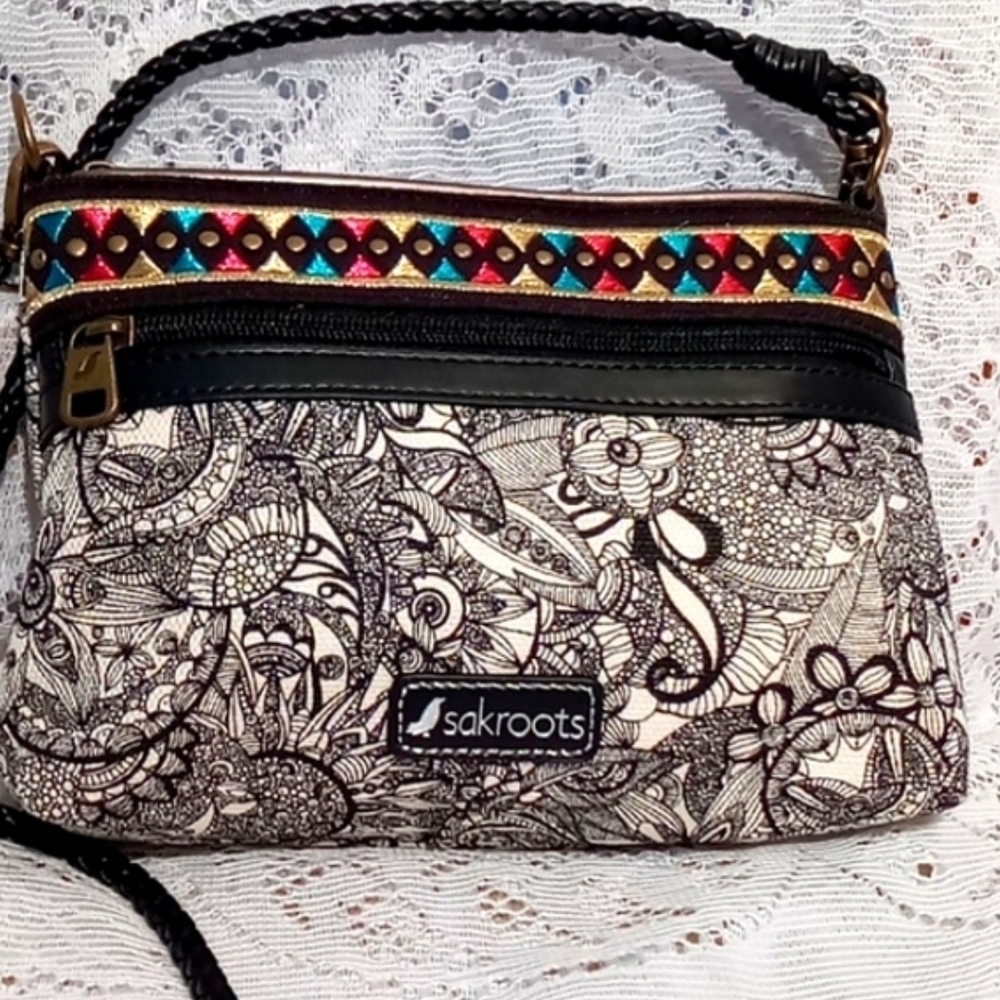 Sakroots Black & White Floral Doodle Crossbody with Multicolor Metallic Accents